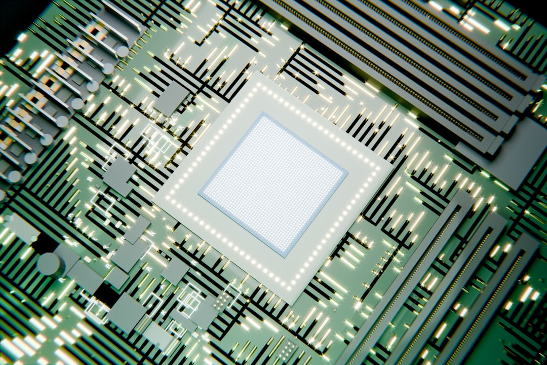 A glowing microchip on a green circuit board.