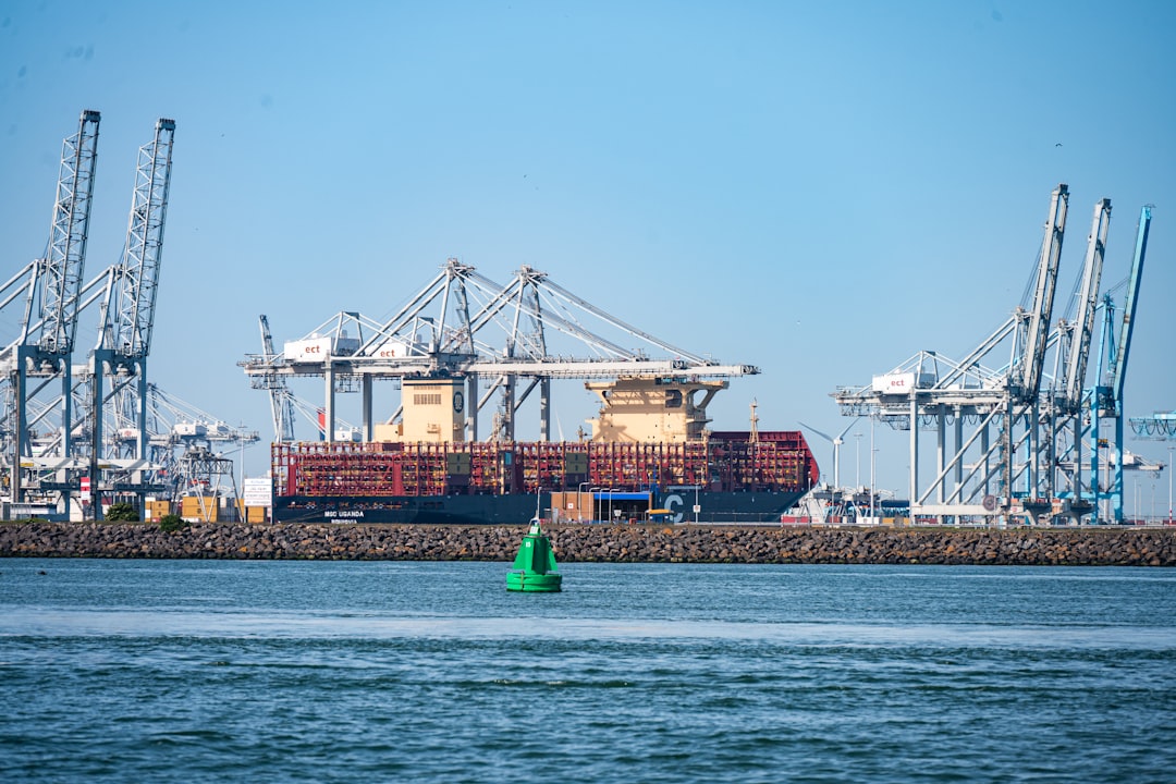 Container ship docked at port with multiple industrial cranes.